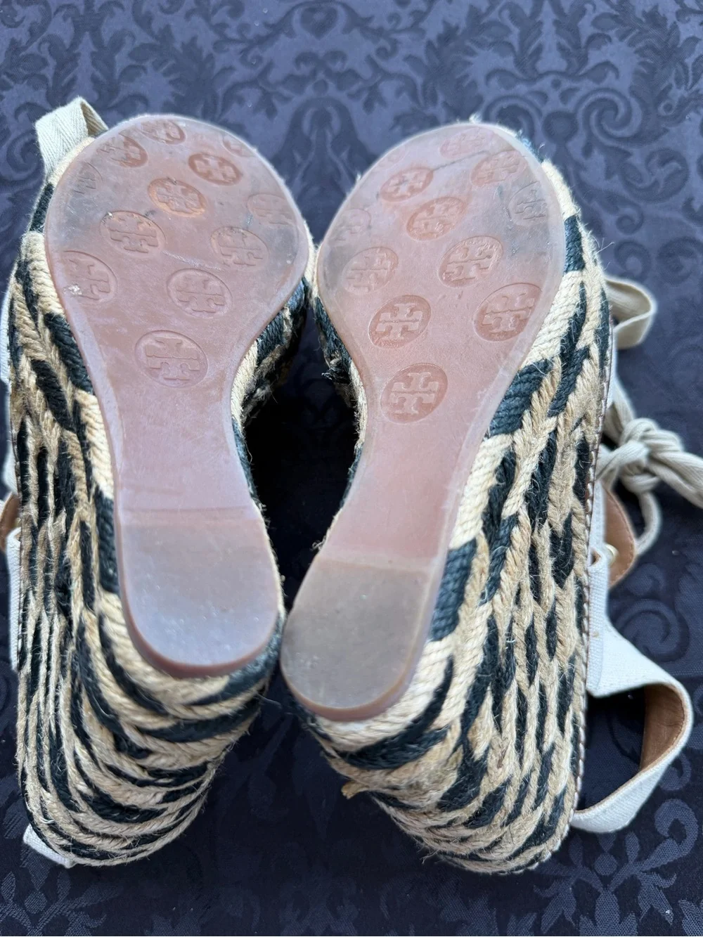 Tory Burch Linley High Wedge Espadrille Sandals Sz 6 Ivory Black Canvas Lace Up